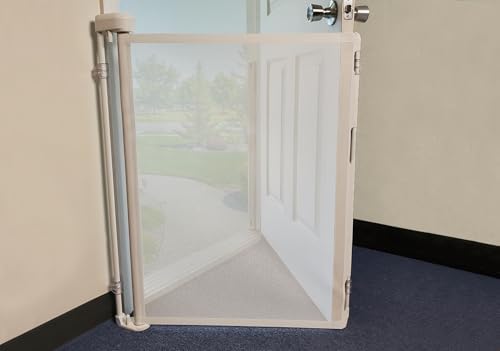 Bow Wow Barrier 28-Inch White Retractable Exterior-Door Barrier for Pets | USA-made Smart Retract hardware-mounted barrier for exterior doors; opens with the door to help keep dogs & cats inside