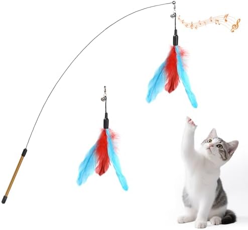 Pawaboo Cat Feather Wand Interactive Toy, 2 Feathers + 1 Wand with Bell