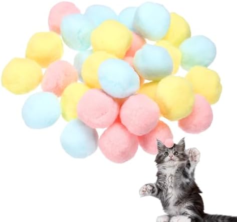 Cat Toy Pom Ball, Interactive Cat Ball Toys Fuzzy Pompoms (Plush, 1.2Inch, 30Pcs, Blue Pink Yellow Tones) for Kittens Pet Enrichment Training Play Indoor