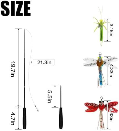 TTcat Cat Feather Wand Toys,Retractable Wand Toy with 3 Simulation Insects Dragonfly Grasshopper Refills,Interactive Cat Toy Kitten Toy for Indoor Cats to Play Chase Exercis.