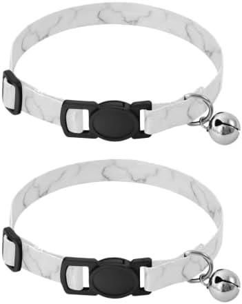 White Marble Small Dog Collar with Bell 2 Pack Kitten Collars Adjustable Length 10.6" to 17.1"
