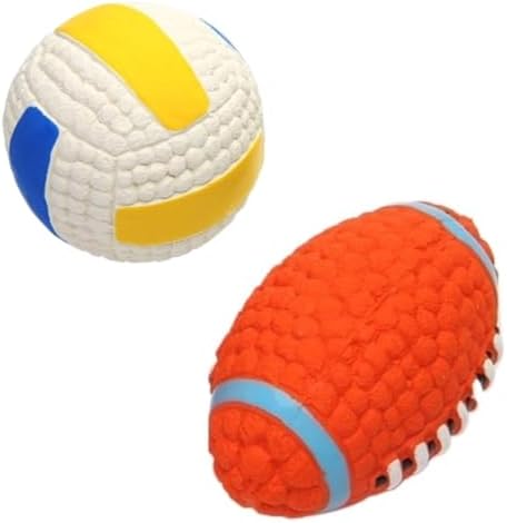 Squeaky Chew Dog Toys Interactive Sports Balls with Squeaker Soft Latex Rubber Bouncy Fetch Ball Toy (Soccer, Volleyball, Football, Tennis) for Puppy & Dog (Volleyball+Football,Small)