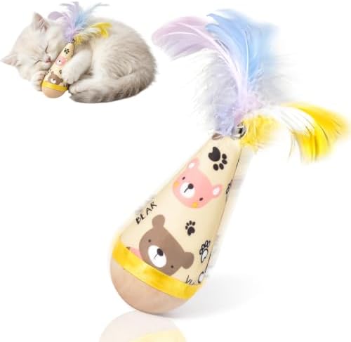 Wooden Interactive Cat Toy, Natural Beechwood Self‑Righting Weeble Toy