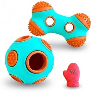 Dog Chew Toys 3 Pack, Squeaky Toy, Treat Dispensing Slow Feeder for Large and Medium Dog, Multifunctional Teeth Cleaning and Gum Massage (Bone-Ball-Glove)