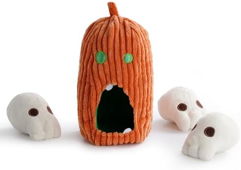 Nocciola Halloween Dog Toys 4 PCS, Pumpkin + 3 Skull Squeaky Dog Toy for Small Puppy Dog to Keep Them Busy, Durable Plush Hide and Seek Dog Toys for Small Medium Dogs