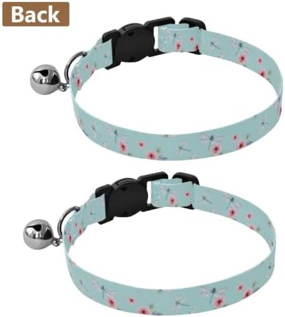 Dragonflies Flowers Dog Collar with Bell 2 Pack Pet Collars Adjustable Length 10.6" to 17.1"