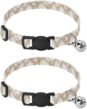 White Marble Gold Beige Veins Pet Collars for Cats, 2 Pack Cat Bell Collar