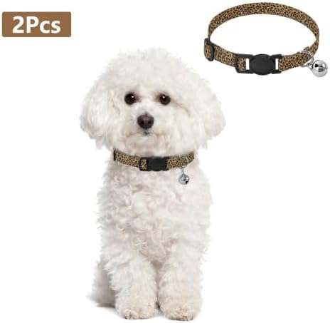Cheetah Print Brown Lightweight Small Dog Collar, 2 Pack Dog Collar with Bell