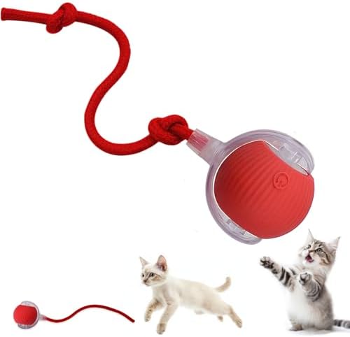 Interactive Cat Dog Toy Ball: Indoor Automatic Moving Smart Rolling Fun Pet Game with Led Light and Tail for Motion Activated, Kitten Puppy Present, Chase Exercise, Hunting Simulation-Upgrade (Red)