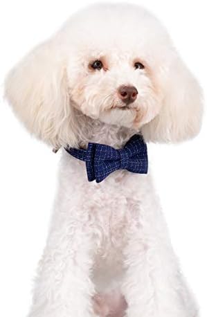 Small Dog Collar Set, 2Pcs Puppy Cat Collar with Bow Tie & Bandana, Durable PU Leather Canvas Tiny Pet Scarf for Small Breed Pets Blue Classic