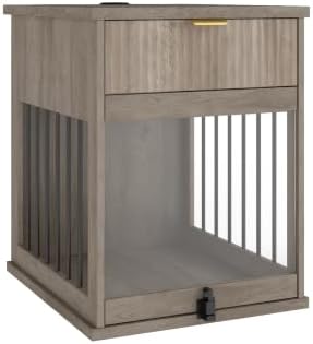 Dog Crate End Table with Charging Station, Wooden Dog Kennel Furniture with Hideaway Tempered Glass Door, Multi-Functional Pet Station Side Table with Storage Drawer (Antique Grey)