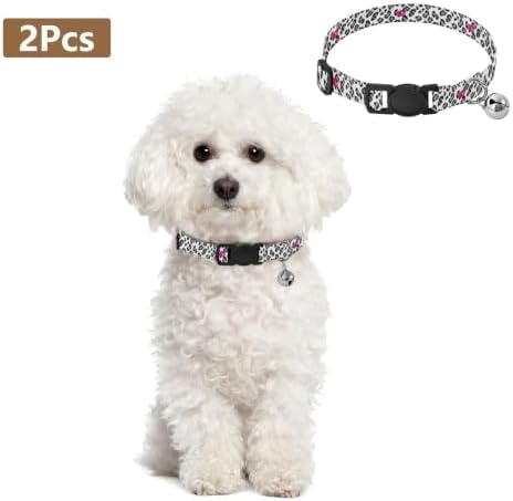 Bold Black Gray Leopard Spots White Small Dog Collar with Bell 2 Pack Cat Collars Adjustable Length 10.6" to 17.1"