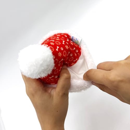Christmas Santa Hat Plush Dog Toy (Small Size), Cute Soft Squeaky X’Mas Gift with Hidden Treat Pocket, Wearable Play Design, Crinkle Sound, Perfect for Small & Medium Dogs