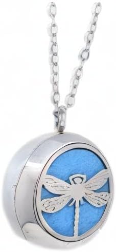 Aromatherapy Essential Oil Diffuser Stainless Steel Silver 30 MM Magnetic Locket Pendant 2 Sizes Chain Necklace, Refill Pads & Diffuser Bracelet in a Velvet Bag (Dragonfly)