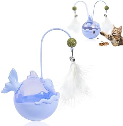 Cat Interactive Toys,Wobble Kitten Treat Dispensing Ball with Catnip and Feathers, Indoor Puzzle Slow Feeding, Cats Treat Dispenser Kicker Toy for Large, Medium and Small Cats (Blue, Fish