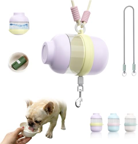 3 in 1 Dog Water Bottle with Crossbody Strap, Portable Dog Travel Water Bottle with Treat & Poop Bag Dispenser for Small Dogs Walking Hiking(Pale Purple)