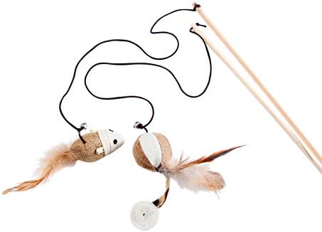 Cat Teaser Cat Kitten Toys Set Natural Sisal Wand Teasers with Mouse, Bell, Feather, Elastic String, and Sturdy Wood Rod