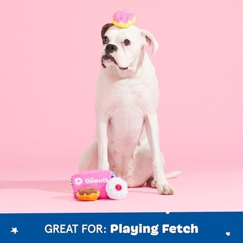 BarkBox Barker's Dozen Donuts 4-in-1 Interactive Plush Dog Toy | Squeaky Dog Toys with Crinkle Box - For Small Dogs and Puppies