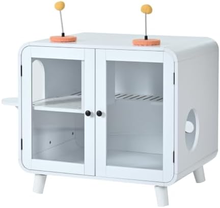 Hidden Cat Litter Box Enclosure Cat House Furniture with RGB LED Light Stairs Pom Pom Toys Glass Doors Litter Leak Walkway Cat Washroom Cabinet White Pet Furniture for Indoor Cats Modern