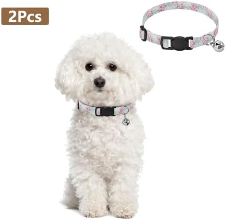 Cherry Blossom Flowers Dog Collar with Bell 2 Pack Small Dog Collar Adjustable Length 10.6" to 17.1"