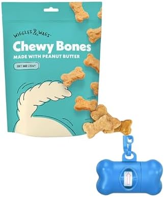 Wiggles & Wags Peanut Butter Chewy Bones Dog Treats, 6 oz, with DN Essentials Bone Shaped Waste Bag Dispenser