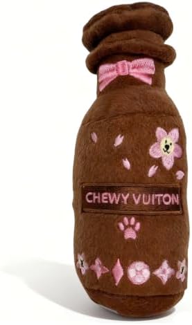 Dog Diggin Designs Chewy Vuiton Brown Blossom Pawfum Plush Dog Toy Bottle | Luxury-Inspired Parody Designer Perfume Bottle with Squeaker, Soft Plush Fashion Dog Toy – Prêt-à-Porter Play!