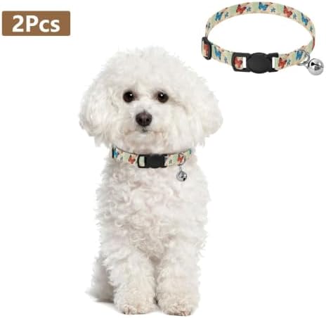 2 Pack Dog Collar Colorful Butterflies Orange Cat Collars with Bell, Adjustable Length 10.6" to 17.1"