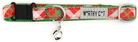 THE WORTHY DOG Christmas Patterns, Breakaway Cat Collar with Bell, Red
