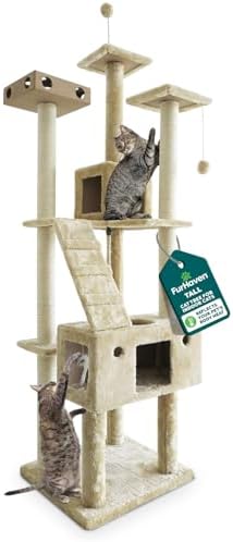 FurHaven 69.3" Tall Cat Scratching Post Tower for Indoor Cats, Sisal Cat Tree with 2 Condos, Tiger Tough Double Decker Playground, Toys & Perches for Cats, Sisal, Cream