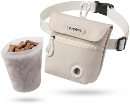 Dog Training Treat Pouch with Silicone Treat Bag, Magnetic Closure, Poop Bag Dispenser, Zippered Pocket, Metal Clip and Adjustable Waist Belt, Beige