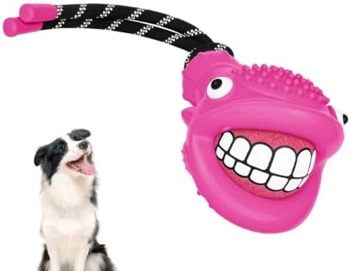Pufferfish Shape Rubber Dog Toy with Detachable Squeaky Tennis Ball & Rope, Interactive Durable Chew Toys for Dogs, Safe Non-Toxic Material, Clean Teeth Design (Red)