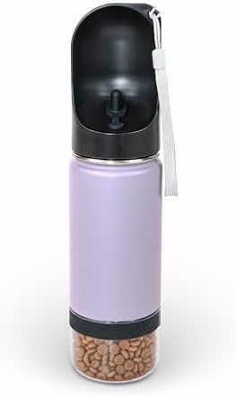 Mon Chateau 14oz Portable Dog Water Bottle with 4 oz Snack Storage, Double Walled Stainless Steel Body, Leak-Proof, Dishwasher Safe Pet Travel Bottle for Dogs, Cats & Outdoor Use, Lavender