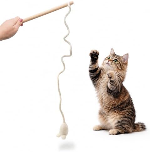 Glaciart One Mouse on a String Cat Toy – Durable Wooden Wand Cat Toy with Natural Wool Felt Mouse w/Catnip, Interactive Cat Toy on a Stick & Cat String Toys for Indoor Cats to Chase & Exercise