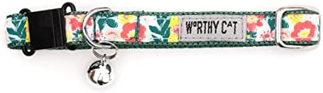 THE WORTHY DOG Patterned Spring Bouquet Cat Collar with Bell, Adjustable Nylon Safety Collar, Green, One Size