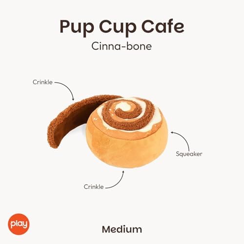 P.L.A.Y. Cute Plush Dog Toys - Coffee Shop Food Themed Durable Squeaker Chew Toy for Medium & Large Dogs - Machine Washable, Recycled Materials (Pup Cup Cafe Cinna-bone, Medium)