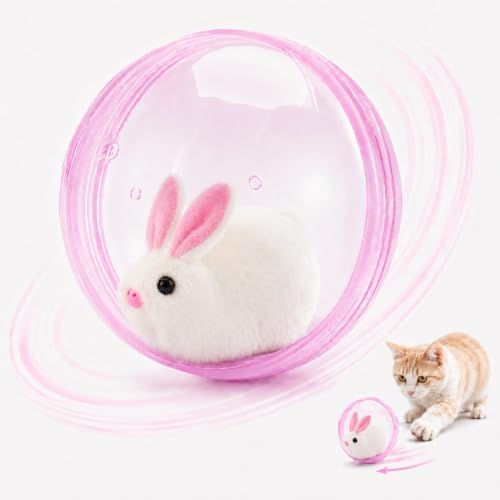 Self Rolling Interactive Cat Ball, Automatic Moving Cat Toy with Plush Animal Inside, 360° Rolling Cat Chasing Ball with Transparent Ball for Cats Dogs Small Pets (Pink,Rabbit)