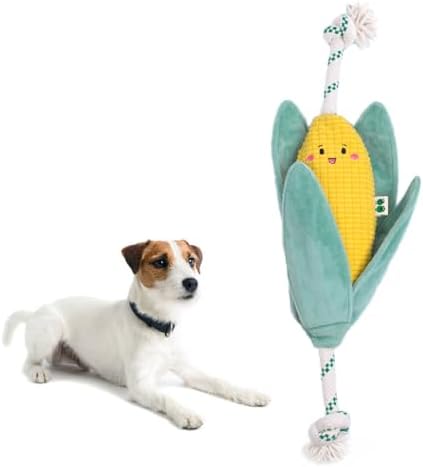 Green Sheep Interactive Plush Dog Toy, No Stuffing Squeaky Toy with Recycled Cotton Rope for Medium to Large Dogs, Chew Toy, Corn