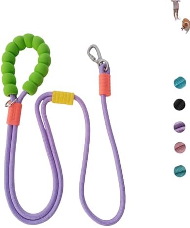 5ft Purple Hands Free Dog Leash & Premium Adjustable Collar Set - Bungee Waist Leash with Safety Lock, Rose Gold Buckle, Smart ID Ring - Durable Nylon & Twill for Small to Medium Dogs