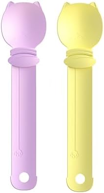 Cat Strip Feeder Spoon - Squeeze & Lickable Treat Dispenser for Wet Food, Multi-Purpose Pet Food Can Accessory (Assorted Colors) (Purple+Yellow)