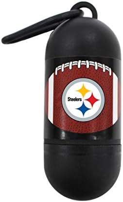 Pets First NFL PITTSBURGH STEELERS PET LICENSED Poop Waste Bag Dispenser and D Ring for Leash with 45 Premium Garbage Bags