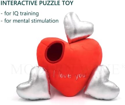 MODERN WAVE - Squeaky Plush Dog Toy - Interactive Hide and Seek Squirrel Type Puzzle Toy for Dogs, Small - Medium Size (Red Heart and Silver Hearts)