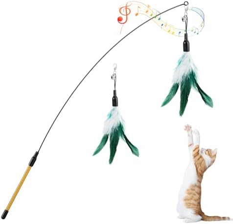 Pawaboo Cat Feather Wand Interactive Toy, 2 Feathers + 1 Wand with Bell