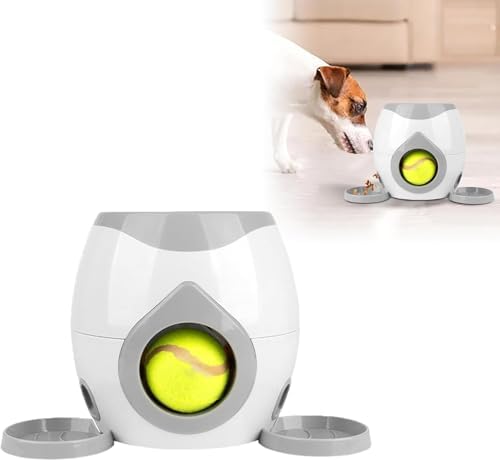 Interactive Dog Training Toy, Dog Tennis Ball Food Reward Machine with Automatic Treat Dispenser, Rechargeable Tennis Ball Throwing Machine for Small to Medium Dogs (White)