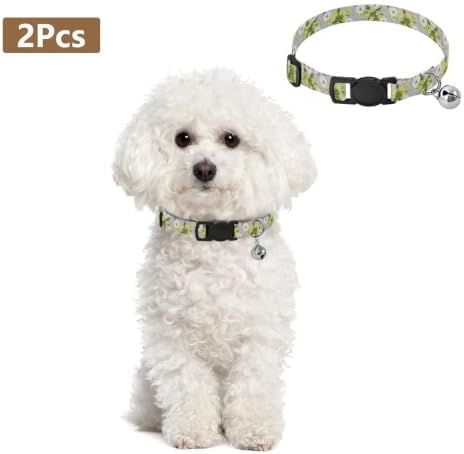 Daisies Flowers Green Leaf Soft Cat Collar, 2 Pack Kitten Bell Collar