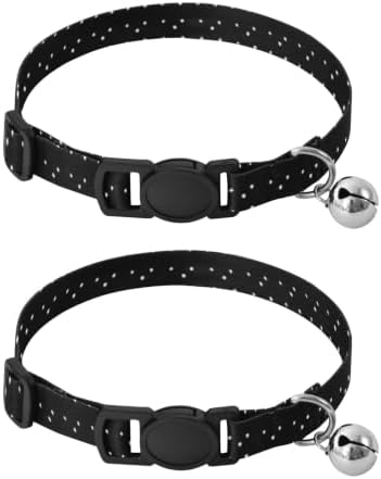 2 Pack Small Dog Collar White Polka Dots Black Breakaway Cat Collars with Bell, Adjustable 10.6 to 17.1 Inches