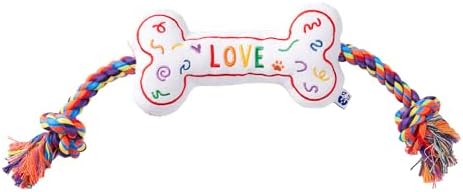 Love Bone Interactive Dog Toy - Interactive Tug Rope Pet Toy - Funny Cute Unique Rainbow Design Party Pride Love Gift - Small Medium Puppy - Durable Chew Resistant Plush with Squeaker for Teething