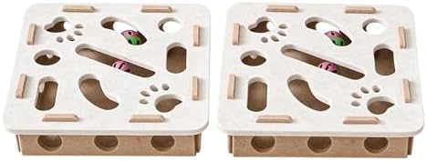 Interactive Cat Puzzle Feeder Toy – Felt Maze Box with 3 Jingle Balls – Mental Stimulation, Slow Feeding & Fun Exercise for Indoor Cats & Kittens (2,Square-Beige)