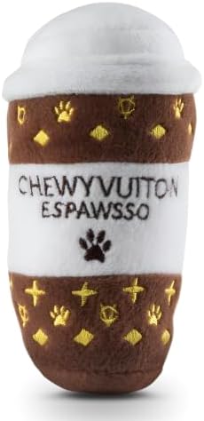 Dog Diggin Designs Chewy Vuiton Espawsso Plush Dog Toy | Luxury-Inspired Parody Coffee Cup with Squeaker, Soft Plush Coffee-Themed Dog Toy – Baristas Needed!