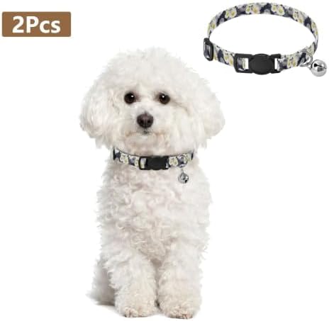 White Daisies Yellow Grey Flowers Bell Collar for Small Dogs 2 Pack Cats Collar Adjustable Length 10.6" to 17.1"