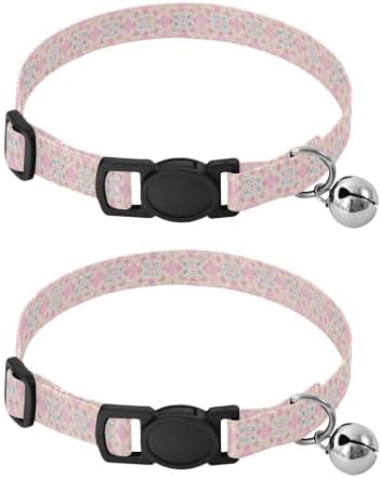 Pastel Geometric Pink Kitten Collar with Bell 2 Pack Pet Collars Adjustable Length 10.6" to 17.1"